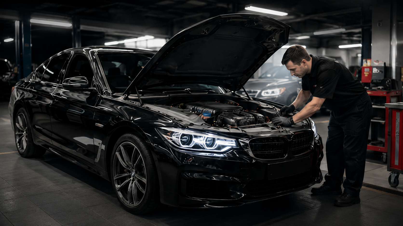 Мастер AUTOEXPERT обслуживает автомобиль в цехе
